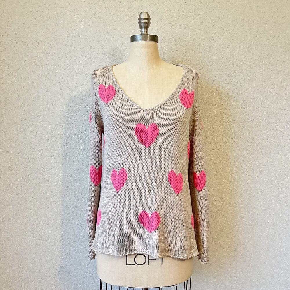 WOODEN SHIPS Besotted Heart Sweater Tan Pink Open Knit V-Neck Cotton